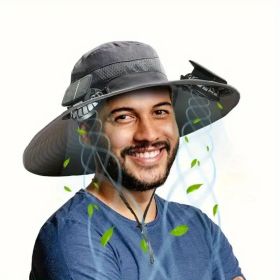 Unisex Solar Powered Black Fan Outdoor Fishing Wide Brim Sun Hat For Camping And Work (Color: Black)